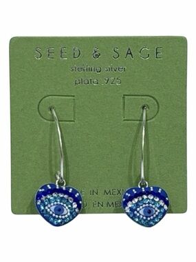 NIB Seed & Sage Sterling Silver 925 Blue Heart Evil Eye Rhinestone Hoop Earrings